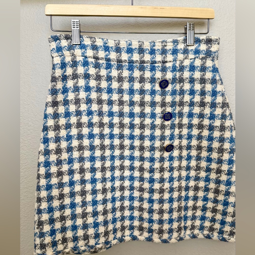 Sandro Blue, Gray & White Check Tweed Mini Skirt